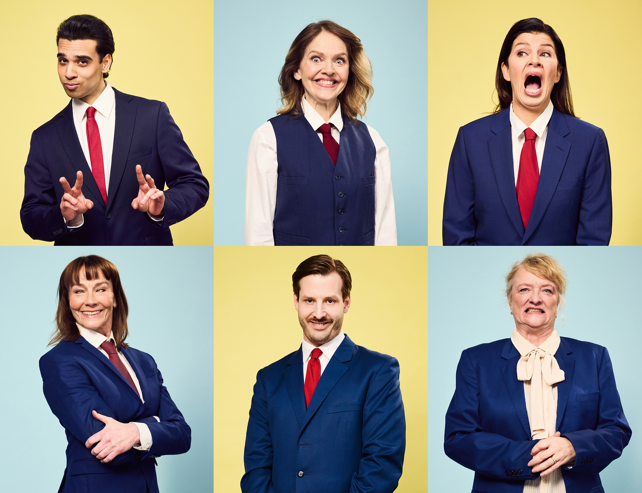 Emil Hedayat, Ann-Sofie Rase, Anna Gunnarson, Elisabet Carlsson, Lucas Krüger, Anna Takanen. DET SKA VA' TREVLIGT - en valrevy. Urpremiär 3 juni 2026 Parkteaterns scen i Galärparken.